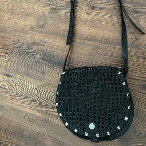 Rebecca Minkoff Astor Saddle Bag in black leather, weave front/studded